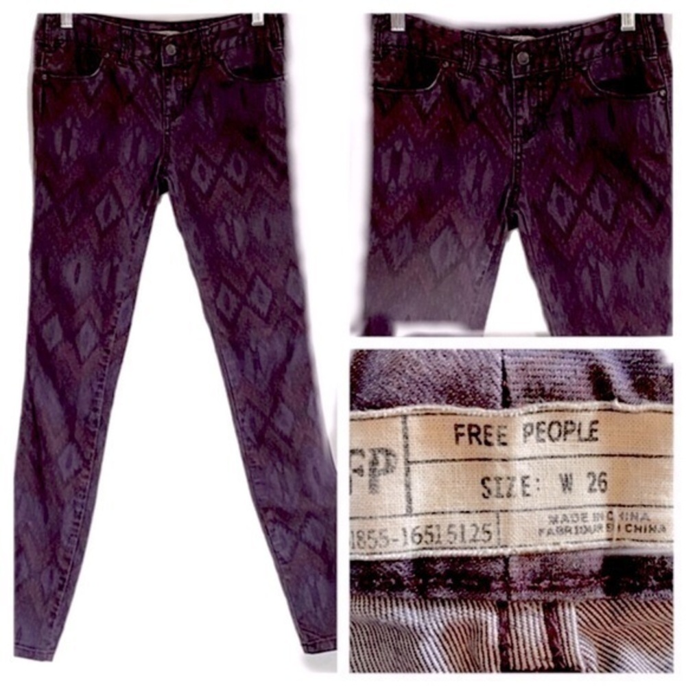 FREE PEOPLE dark purple Aztec diamond pattern,  skinny jeans in size 26. EUC